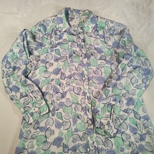Charter Club 100% Linen Seashell Print Shirt Size M Blue Green Coastal Beach